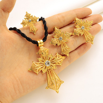 Etióp kő színű kereszt ékszer készlet arany színű nyaklánc fülbevaló gyűrű Habesha Africa női esküvői ékszer ajándékok