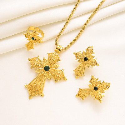 Etióp kő színű kereszt ékszer készlet arany színű nyaklánc fülbevaló gyűrű Habesha Africa női esküvői ékszer ajándékok