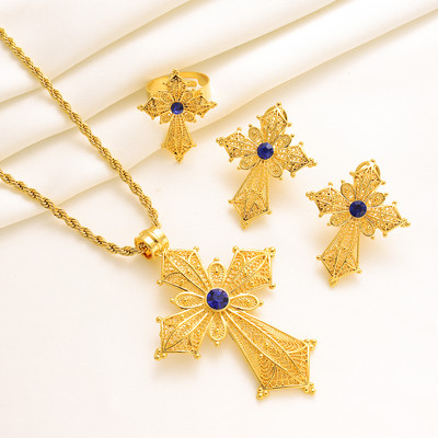 Etióp kő színű kereszt ékszer készlet arany színű nyaklánc fülbevaló gyűrű Habesha Africa női esküvői ékszer ajándékok