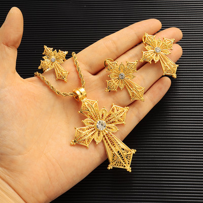 Etióp kő színű kereszt ékszer készlet arany színű nyaklánc fülbevaló gyűrű Habesha Africa női esküvői ékszer ajándékok