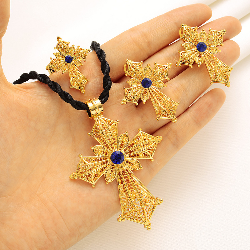 Etióp kő színű kereszt ékszer készlet arany színű nyaklánc fülbevaló gyűrű Habesha Africa női esküvői ékszer ajándékok