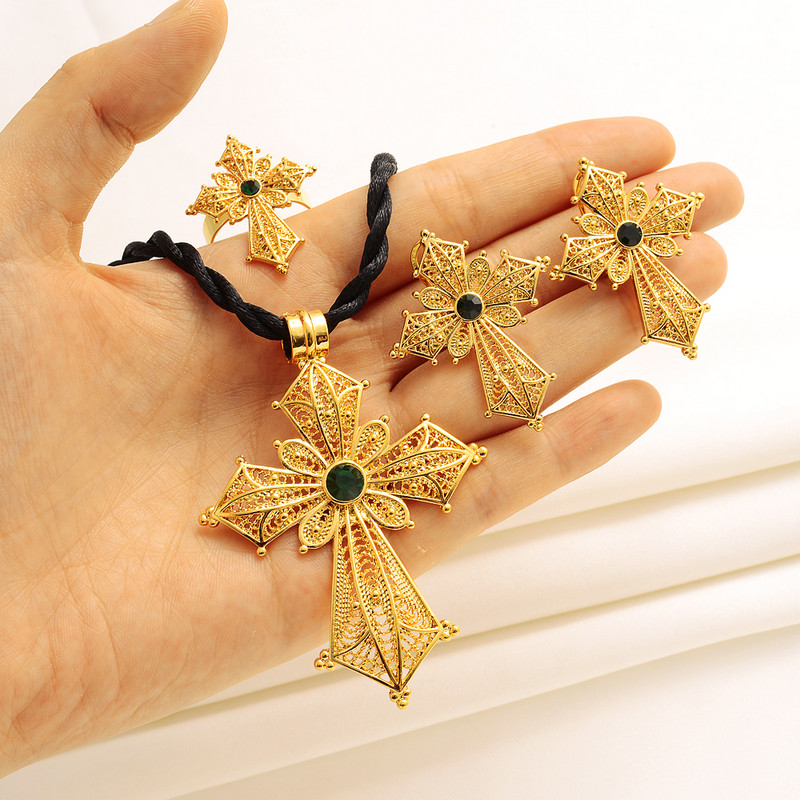 Etióp kő színű kereszt ékszer készlet arany színű nyaklánc fülbevaló gyűrű Habesha Africa női esküvői ékszer ajándékok