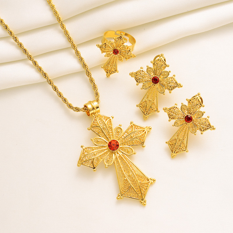 Etióp kő színű kereszt ékszer készlet arany színű nyaklánc fülbevaló gyűrű Habesha Africa női esküvői ékszer ajándékok