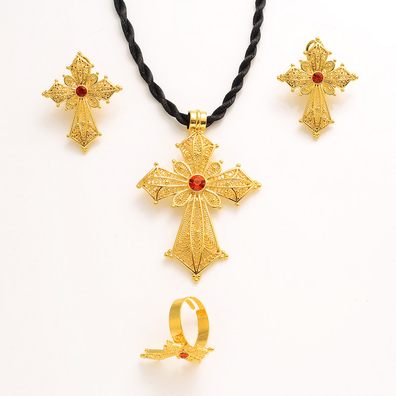 Etióp kő színű kereszt ékszer készlet arany színű nyaklánc fülbevaló gyűrű Habesha Africa női esküvői ékszer ajándékok
