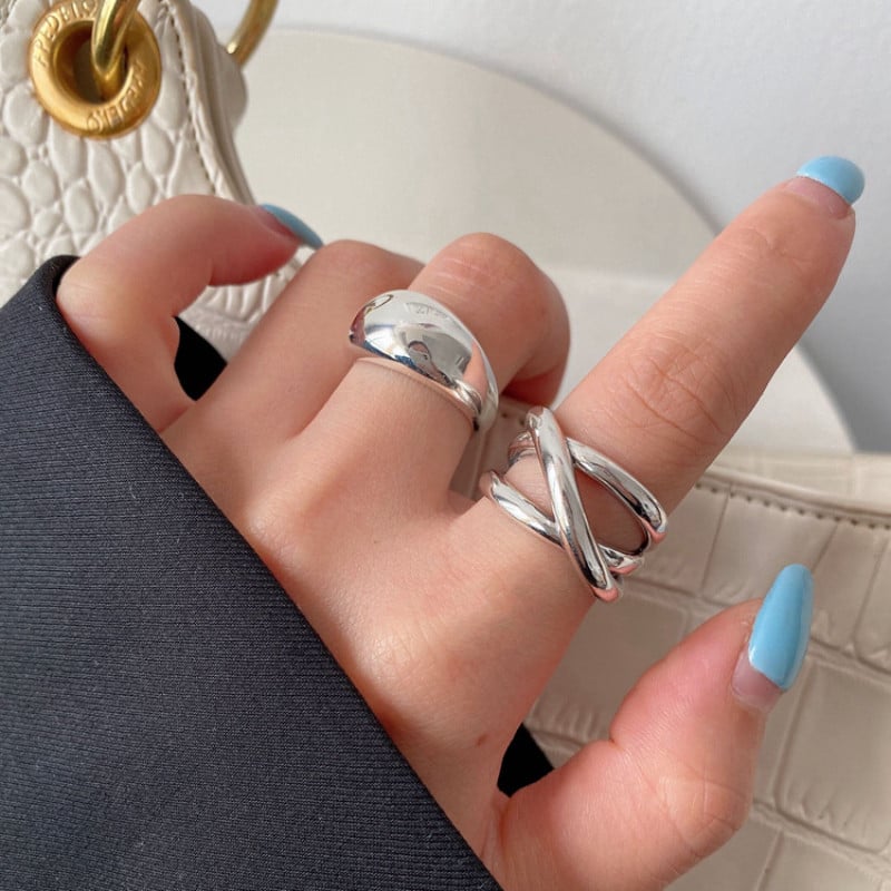 Inele cu picătură de apă de culoare argintie simplă la modă pentru femei, linie retro lucioasă, deschidere în cruce, inel index, accesorii de bijuterii, comerț cu ridicata