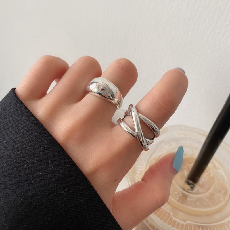 Inele cu picătură de apă de culoare argintie simplă la modă pentru femei, linie retro lucioasă, deschidere în cruce, inel index, accesorii de bijuterii, comerț cu ridicata