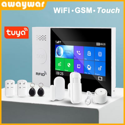 Awaywar Tuya WIFI GSM интелигентна алармена система за домашна сигурност Комплект за кражба сензорен екран, съвместим с Tuya IP Camrea