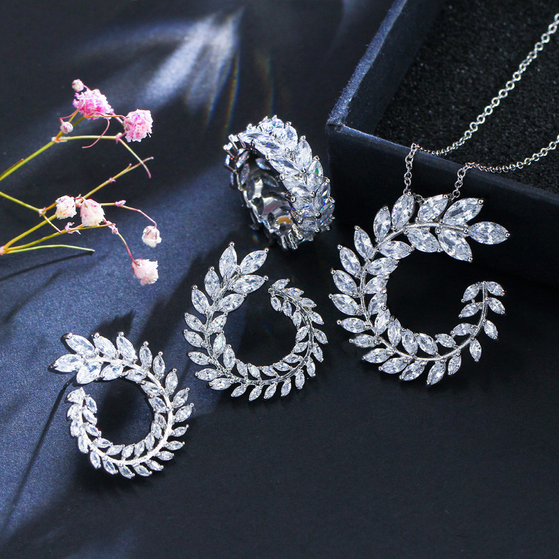 CWWZircons 4 bucă formă de frunze New Fashion CZ colier cercei brățară și inele set bijuterii de marcă celebră accesorii pentru femei T011