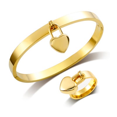 JINHUI Love Heart ékszer szett rozsdamentes acél zár szív báj karkötő női arany színű medál fülbevaló ujjgyűrű