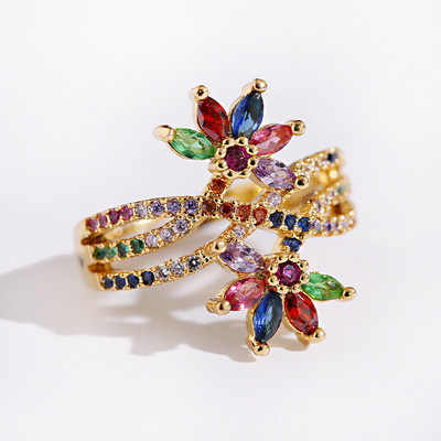 Inel clasic pentru femei Inel reglabil de lux Corful Zircon Cristal Curcubeu Flori Inel Bijuterii de nunta Dropshipping