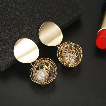 Модна геометрична метална тел, тъкана топка обеца за жени Имитация на перла, висяща капка обеца Изявление Обеци Бижута