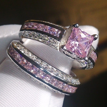 Изискан комплект винтидж пръстени от сплав Принцеса Цвят Розово Синьо Бяло Кристални бижута Обещание за рожден ден Годишнини Пръстени за жени