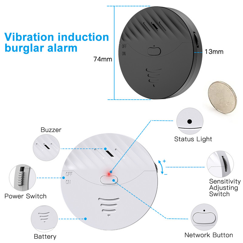 Awapow Tuya WiFi Senzor de vibrații Alarma Fereastra Ușă Detector de vibrații fără fir 130dB Sunet pentru Sistem antifurt de securitate la domiciliu