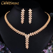 CWWZircons Leaf Shape Dangle Drop Party fülbevaló és nyaklánc afrikai nigériai CZ arany színű esküvői ékszerkészlet menyasszonyoknak T488