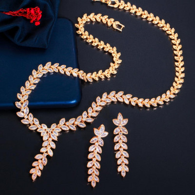 CWWZircons Leaf Shape Dangle Drop Party fülbevaló és nyaklánc afrikai nigériai CZ arany színű esküvői ékszerkészlet menyasszonyoknak T488