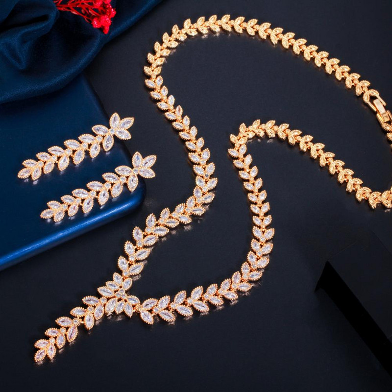 CWWZircons Leaf Shape Dangle Drop Party fülbevaló és nyaklánc afrikai nigériai CZ arany színű esküvői ékszerkészlet menyasszonyoknak T488