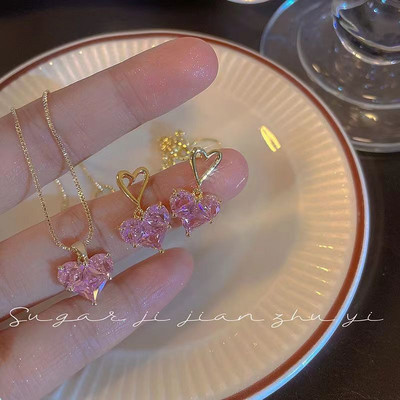 Set de bijuterii la modă, știfturi pentru urechi, pentru femei, colier cu zircon, cu cristal de dragoste roz, pentru femei, temperament, mireasă, bijuterii de nuntă, cercei