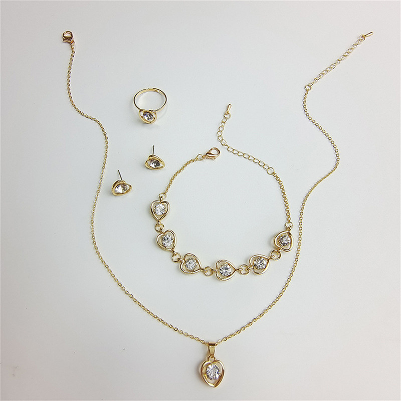 Luxus 4 db kivágott szív színű cirkon fülbevaló karkötő nyaklánc gyűrű szett nőknek divat eljegyzési parti ékszer ajándék
