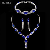 BLIJERY Seturi de bijuterii de nuntă din cristal albastru regal elegant, cu strasuri, colier cu ciucuri lungi, cercei, brăţară, seturi de bijuterii de mireasă