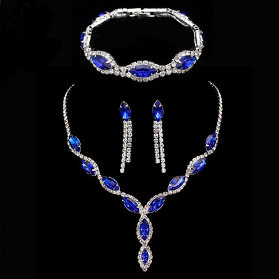 BLIJERY Seturi de bijuterii de nuntă din cristal albastru regal elegant, cu strasuri, colier cu ciucuri lungi, cercei, brăţară, seturi de bijuterii de mireasă