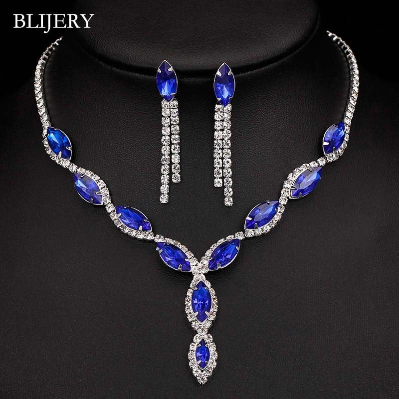 BLIJERY Seturi de bijuterii de nuntă din cristal albastru regal elegant, cu strasuri, colier cu ciucuri lungi, cercei, brăţară, seturi de bijuterii de mireasă