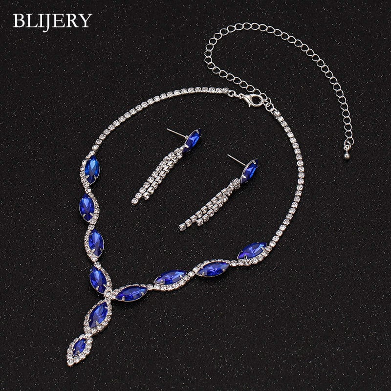 BLIJERY Seturi de bijuterii de nuntă din cristal albastru regal elegant, cu strasuri, colier cu ciucuri lungi, cercei, brăţară, seturi de bijuterii de mireasă