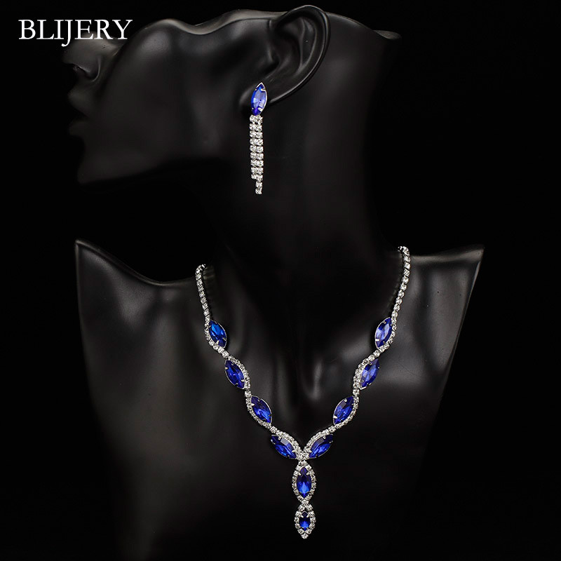 BLIJERY Seturi de bijuterii de nuntă din cristal albastru regal elegant, cu strasuri, colier cu ciucuri lungi, cercei, brăţară, seturi de bijuterii de mireasă