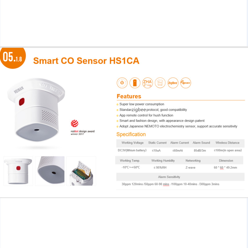 Utilizare în bucătărie Senzor de monoxid de carbon Heiman Zigbee3.0 Detector de gaz CO compatibil cu autocolant Sonoff USB Deconz și asistent acasă