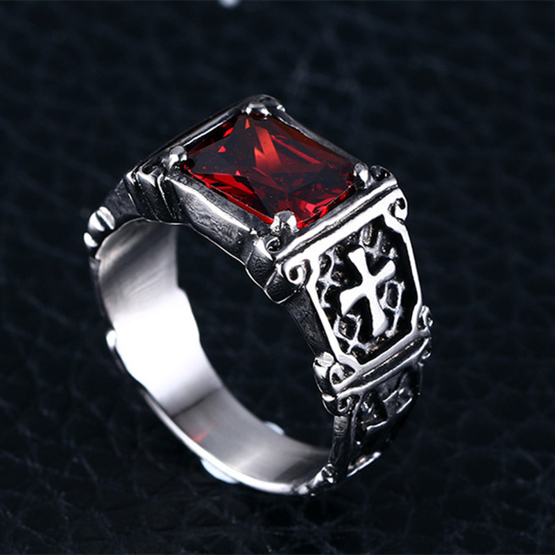 Personalitate la modă rafinat roșu zircon model cruce inel farmecul bărbați petrecere bijuterii accesorii cadou amuletă
