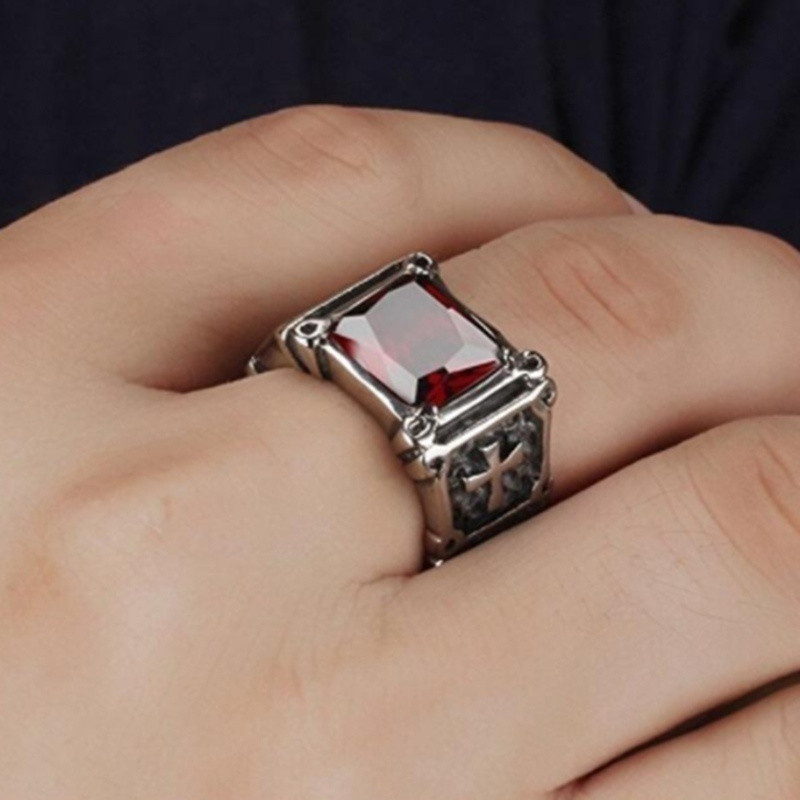 Personalitate la modă rafinat roșu zircon model cruce inel farmecul bărbați petrecere bijuterii accesorii cadou amuletă