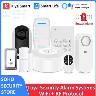 Tuya Smart WiFi RF Сирена Alexa Google Алармени системи за сигурност PIR Сензор за врата Клавиатура Звънец Детектор за вода SOS 3MP IP камера