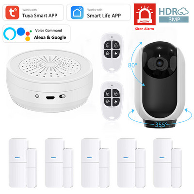 Tuya Smart WiFi RF sirēna Alexa Google drošības signalizācijas sistēmas PIR durvju sensors tastatūra durvju zvans ūdens detektors SOS 3MP IP kamera