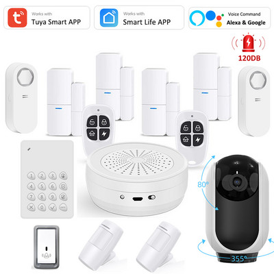 Tuya Smart WiFi RF sirēna Alexa Google drošības signalizācijas sistēmas PIR durvju sensors tastatūra durvju zvans ūdens detektors SOS 3MP IP kamera