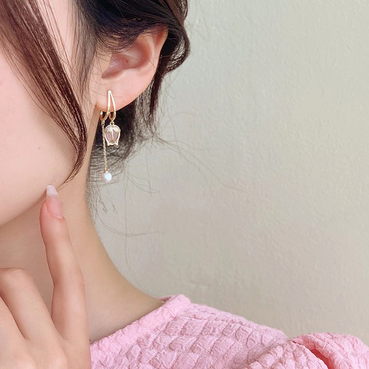 2022, nou sosire, coreeană, retro, simplu, opal, cercei cu lalele, pentru femei, modă, flori roz, culoare aurie, bijuterii din metal, cadouri