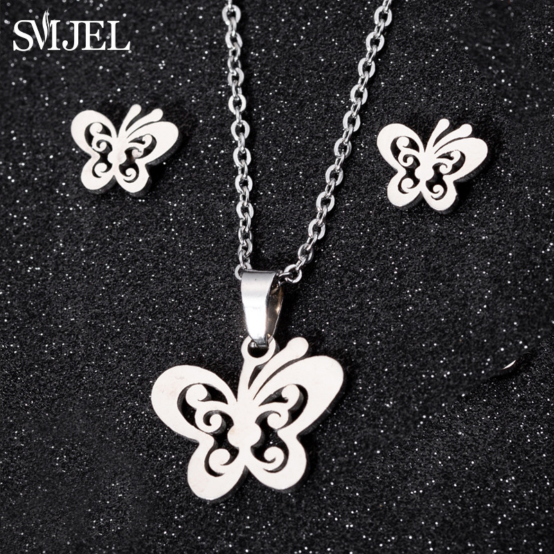 Drăguț colier fluture din oțel inoxidabil Seturi de bijuterii pentru femei Bijoux Animal Fluturi Pandantive Colieri Cercei Laba Cadou pentru copii