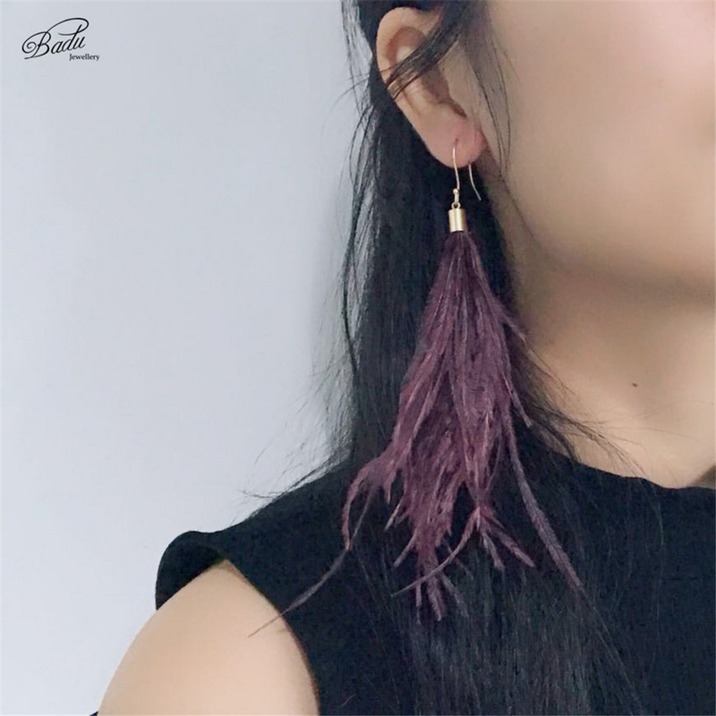 Badu világos toll fülbevaló egyszerűség női hosszú strucc toll szőr 9 szín lógó fülbevaló ékszer Vintage divat karácsony