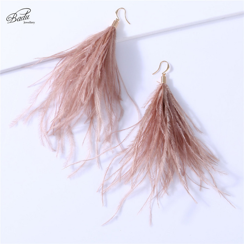 Badu világos toll fülbevaló egyszerűség női hosszú strucc toll szőr 9 szín lógó fülbevaló ékszer Vintage divat karácsony