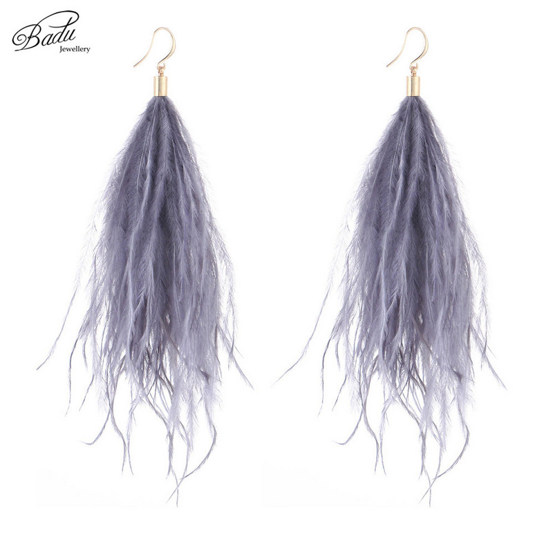 Badu világos toll fülbevaló egyszerűség női hosszú strucc toll szőr 9 szín lógó fülbevaló ékszer Vintage divat karácsony