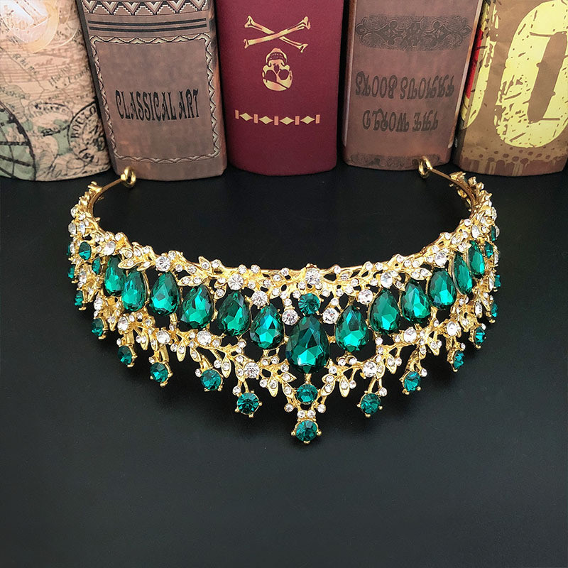 Seturi de bijuterii de mireasă de cristal baroc de culoare aurului verde pentru femei, diademe cu strasuri, coroane, cercei, colier, set de bijuterii de nuntă Dubai