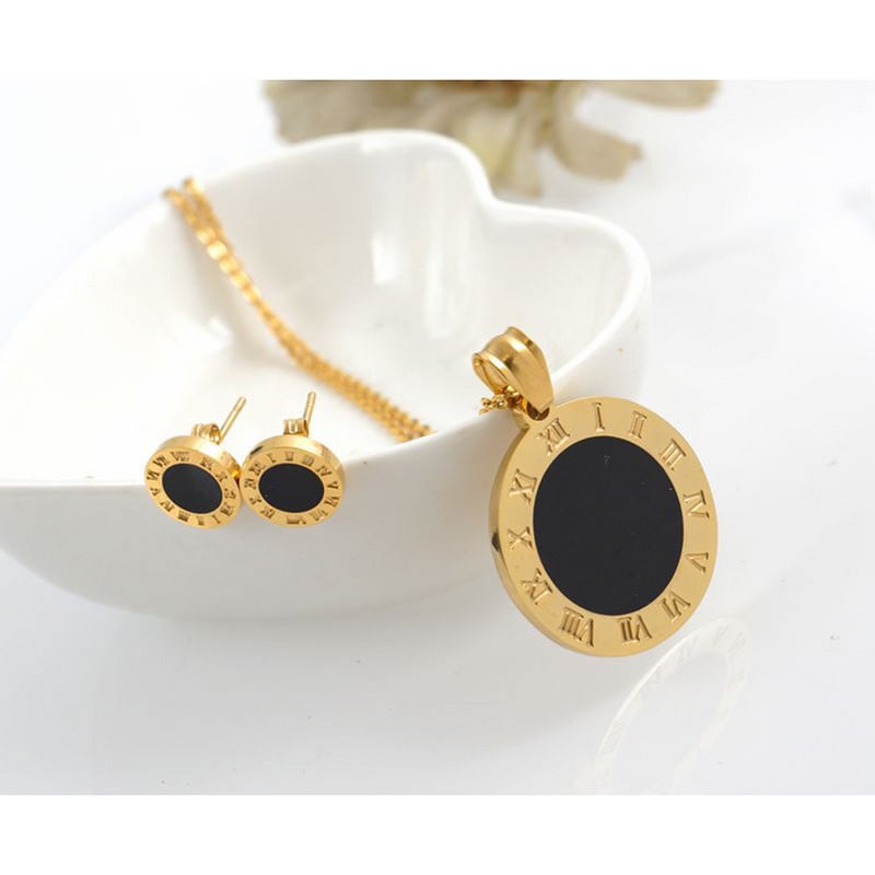 Trend rozsdamentes acél ékszer szett Vintage fekete, kerek, római számokkal függő nyaklánc fülbevaló nőknek, mindennapi viselethez buligyűrű
