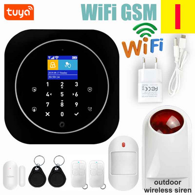 Wifi GSM mājas signalizācijas sistēma IOS Android Tuya APP RFID LCD skārienjutīgā tastatūra 433MHz bezvadu sensoru komplekts Signalizācija 11 valodu pārslēgšanai