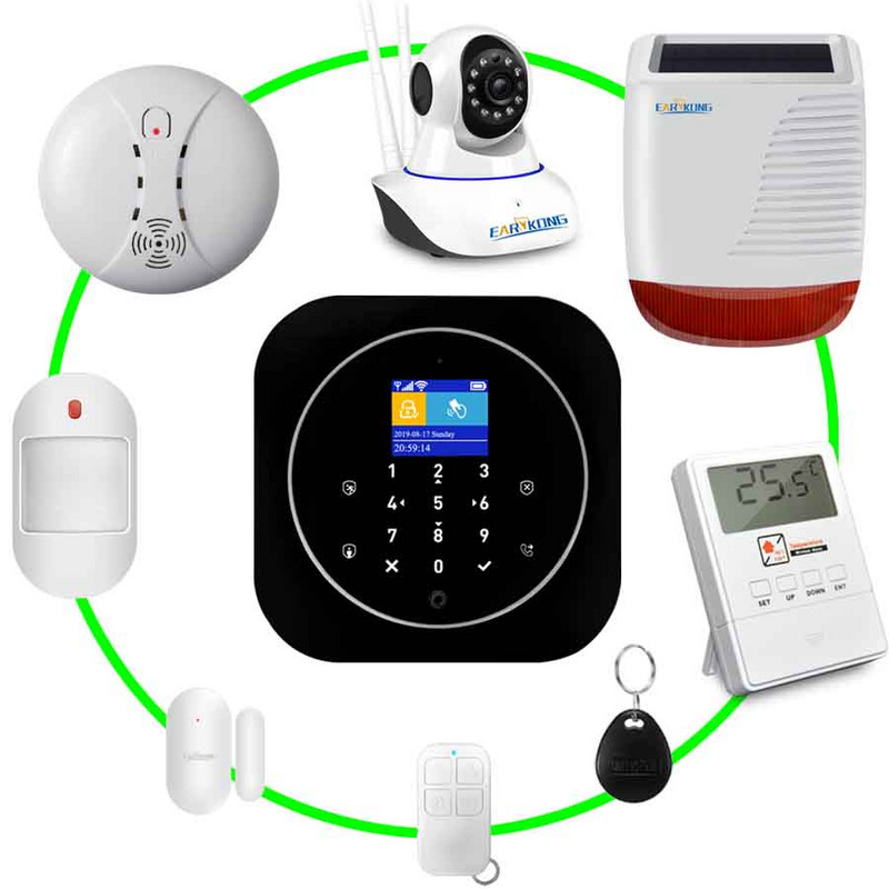 Wifi GSM mājas signalizācijas sistēma IOS Android Tuya APP RFID LCD skārienjutīgā tastatūra 433MHz bezvadu sensoru komplekts Signalizācija 11 valodu pārslēgšanai