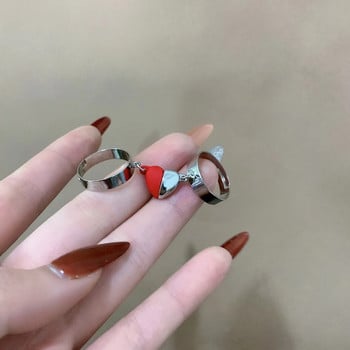 2Pcs Magnet Heart Couple Rings Hip Hop Punk Cuban Chain Сдвоени пръстени за влюбени Приятел Регулируеми бижута Подарък за Свети Валентин