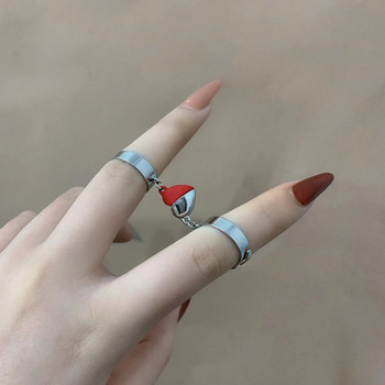 2Pcs Magnet Heart Couple Rings Hip Hop Punk Cuban Chain Сдвоени пръстени за влюбени Приятел Регулируеми бижута Подарък за Свети Валентин