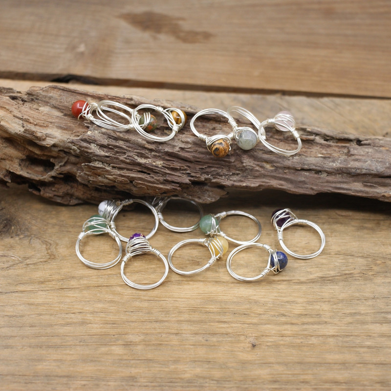 Ezüstös dróttal burkolt kőgyöngyök gyűrűk gyógyító kristály kvarc láva ametisztek kör ujjgyűrűk esküvői ékszerek, QC4094