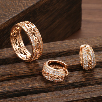 SYOUJYO Мода 585 розово злато цвят пръстени обеци комплект бижута куха шарка двоен ред искрящ естествен циркон сватбени бижута