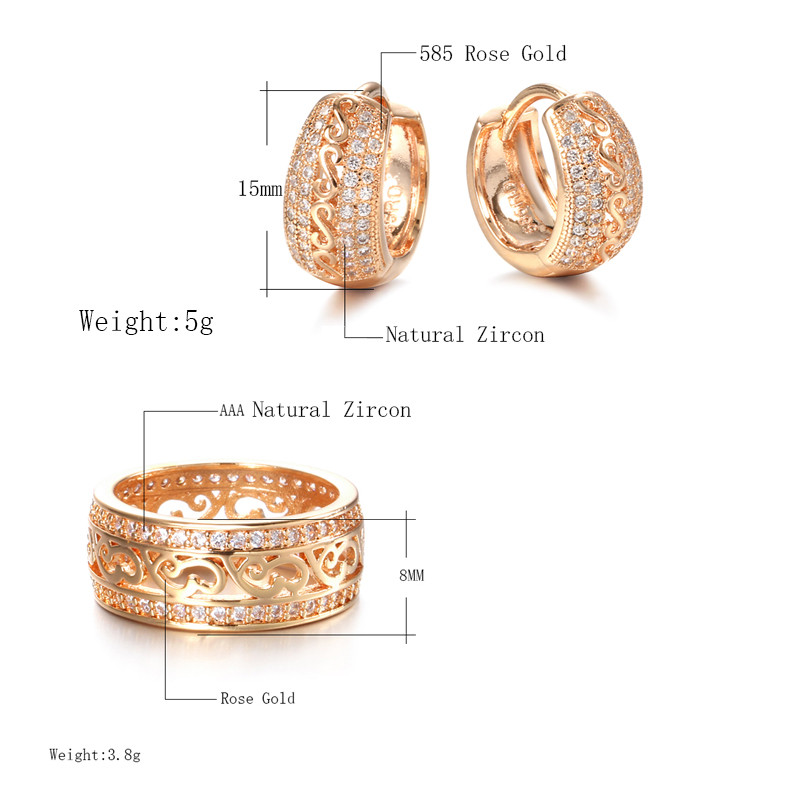 SYOUJYO Fashion 585 de culoare aur roz inele cercei set de bijuterii model goluri dublu rând scânteie zircon natural bijuterii nunta