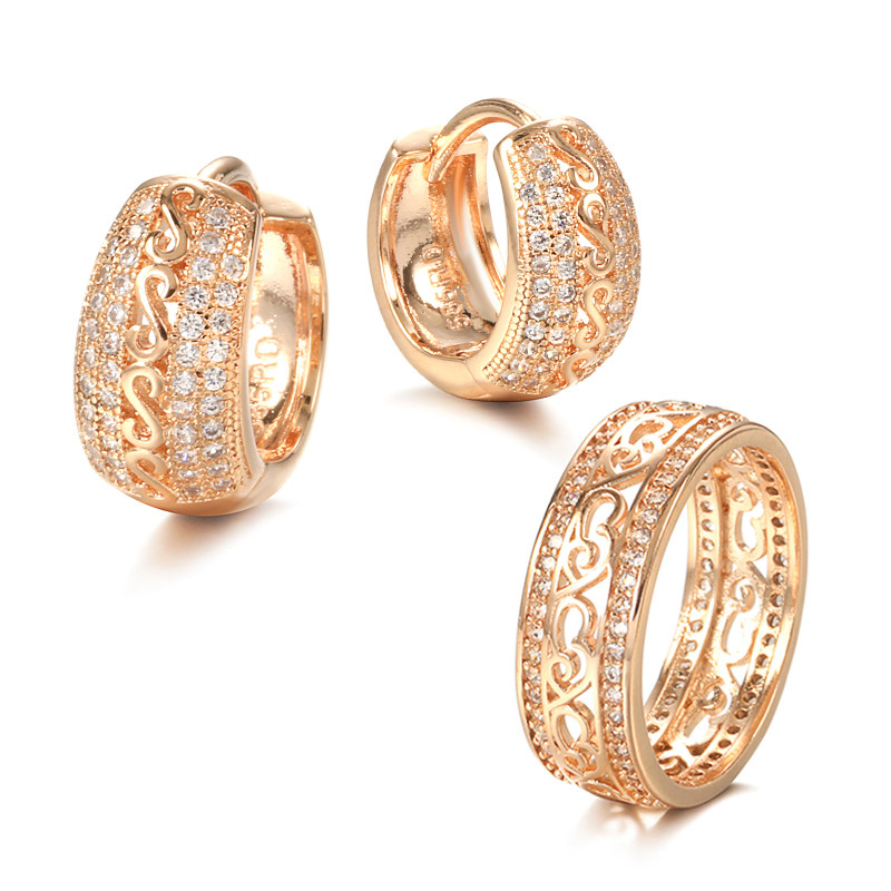 SYOUJYO Fashion 585 de culoare aur roz inele cercei set de bijuterii model goluri dublu rând scânteie zircon natural bijuterii nunta