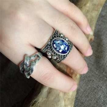 Vintage δαχτυλίδια για γυναίκες Bohemian σκαλιστά σκηνικό Opal μαύρο αχάτη αντίκες επάργυρο κοσμήματα παραλίας Ethnic δαχτυλίδι