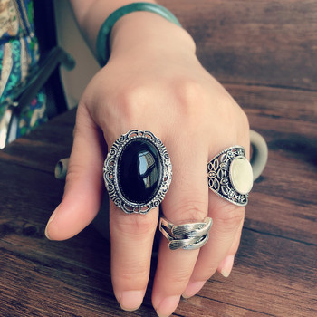 Vintage δαχτυλίδια για γυναίκες Bohemian σκαλιστά σκηνικό Opal μαύρο αχάτη αντίκες επάργυρο κοσμήματα παραλίας Ethnic δαχτυλίδι